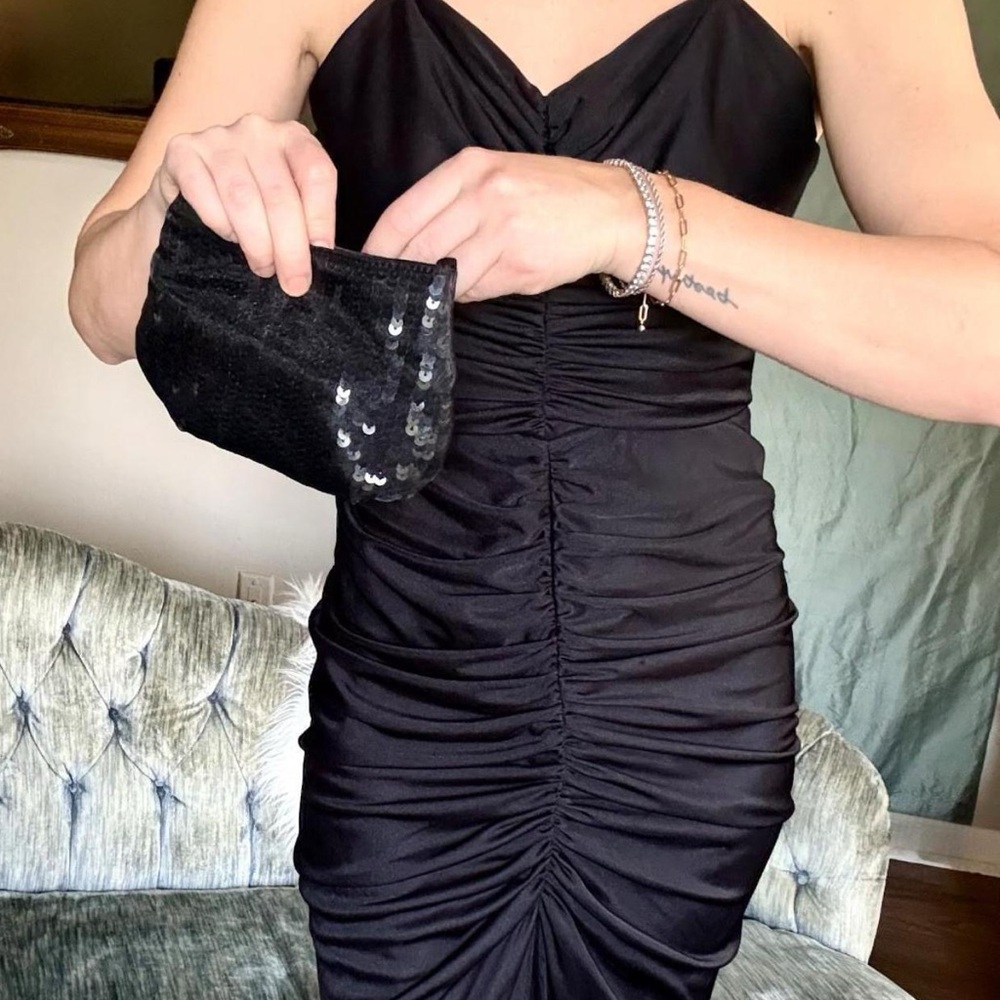Vintage Fredericks of Hollywood Black Ruched Spaghetti Strap Evening Dress XS - Picture 7 of 9